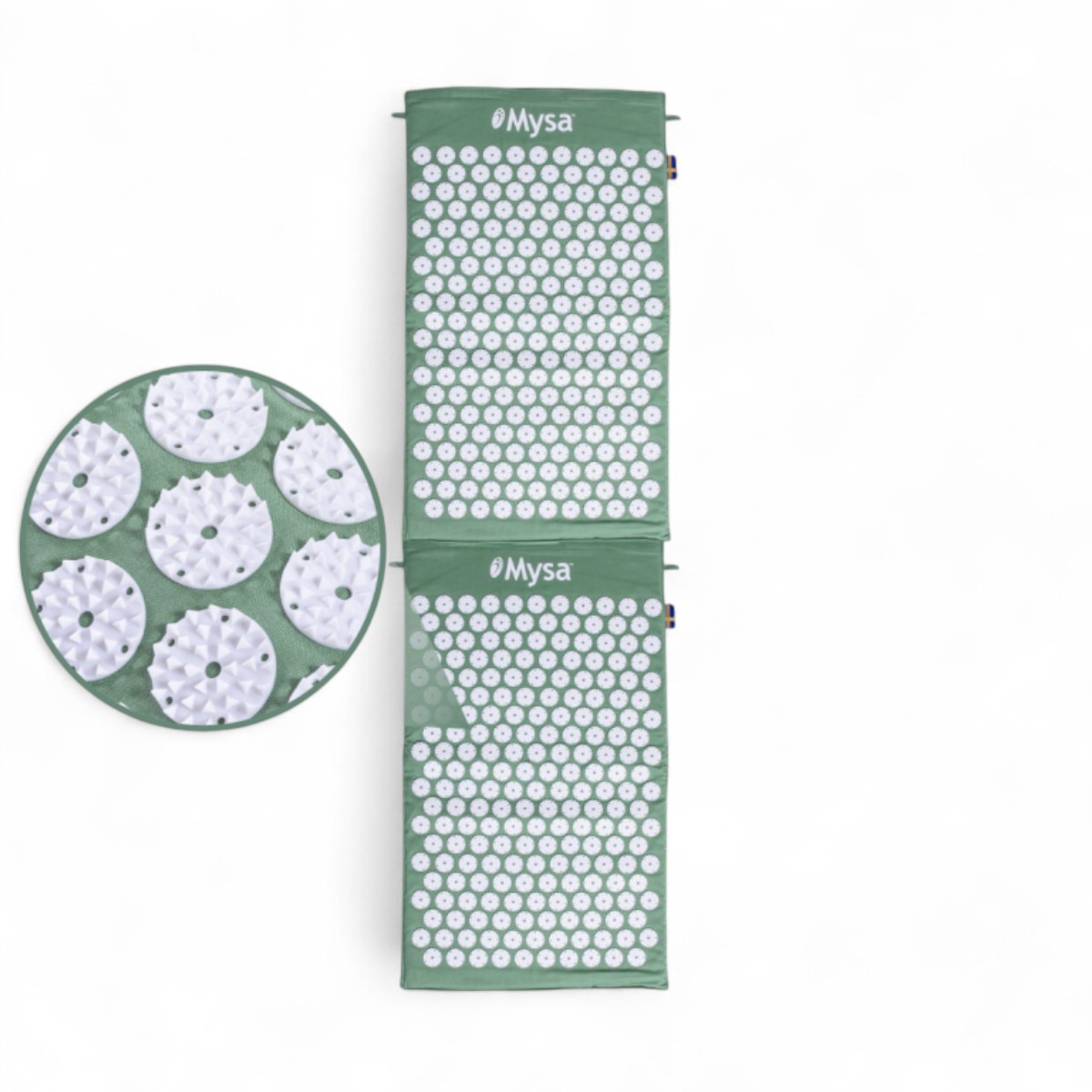 Tapis d’acupression Mysa XXL vert ouvert avec vue rapprochée des couronnes à pointes blanches