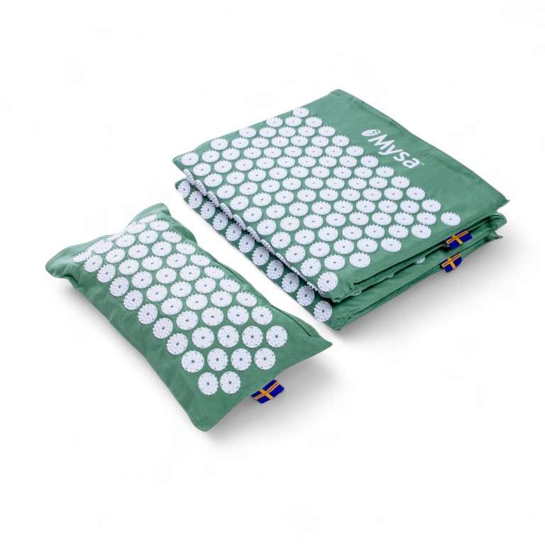 Ensemble tapis Mysa vert plié et coussin d’acupression Thermo Mysa assorti