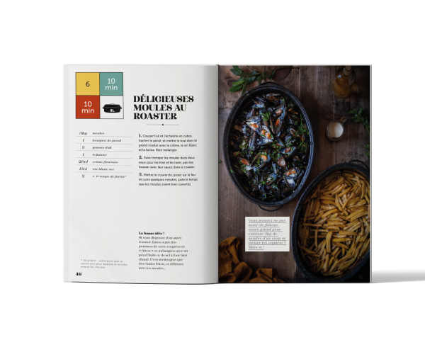 Recette de moules cuisinées au roaster présentée dans le livre de recettes Marie Chioca pour cocotte Graniteware