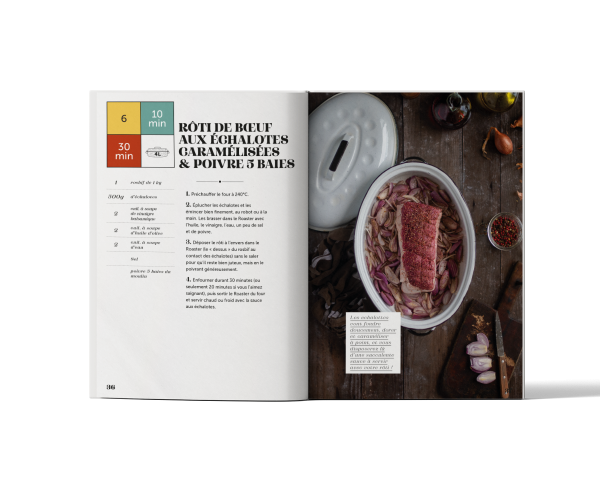 Recette de rôti de bœuf aux échalotes caramélisées cuisiné dans une cocotte roaster Graniteware, extraite du livre Marie Chioca