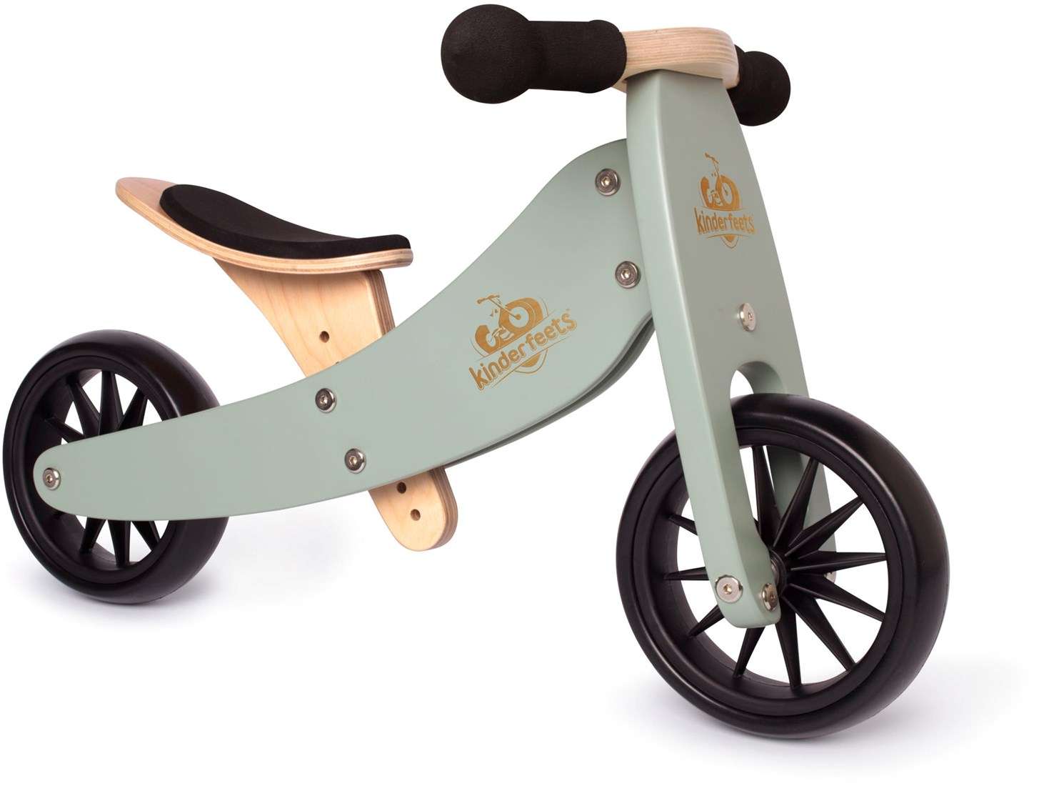 Tricycle Kinderfeets Tiny Tot Sage 2-en-1 avec trois roues et cadre en bois certifié FSC vert sauge