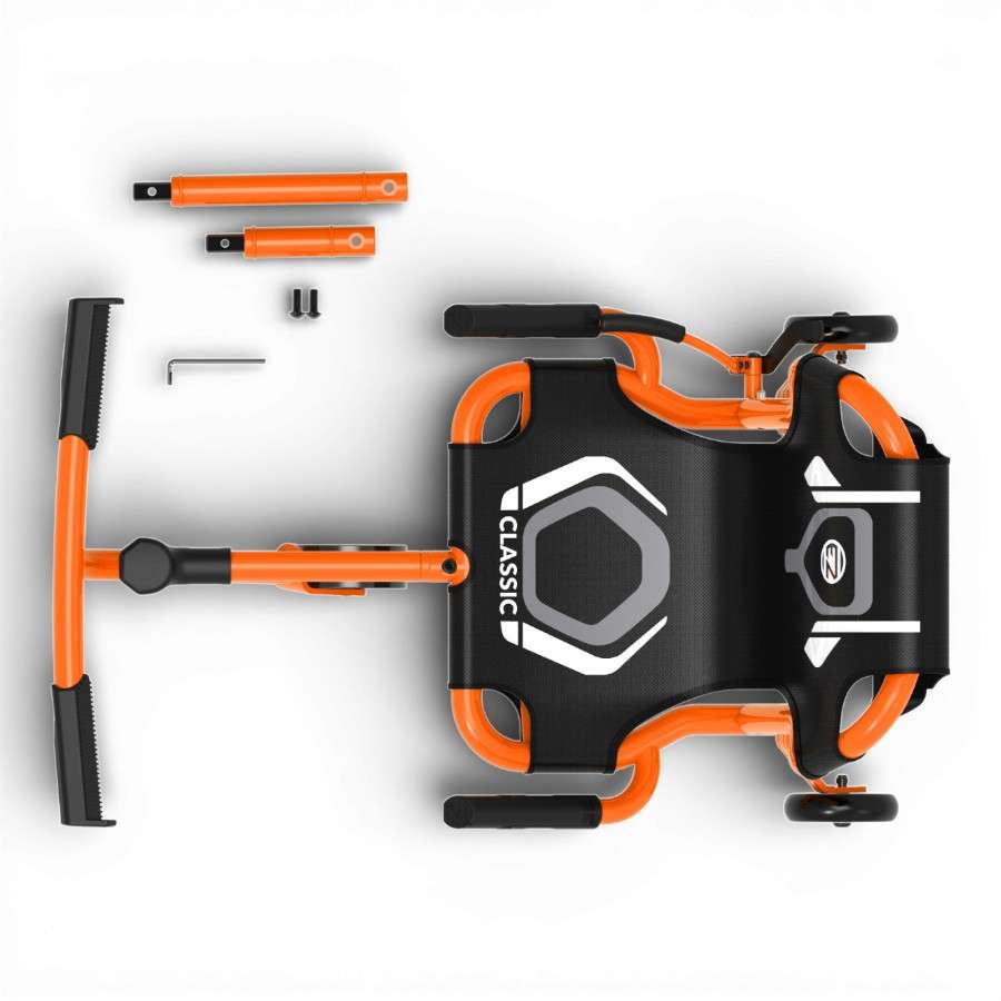 Vue de dessus Ezyroller Classic X orange avec siège renforcé, cadre ajustable et pièces fournies.