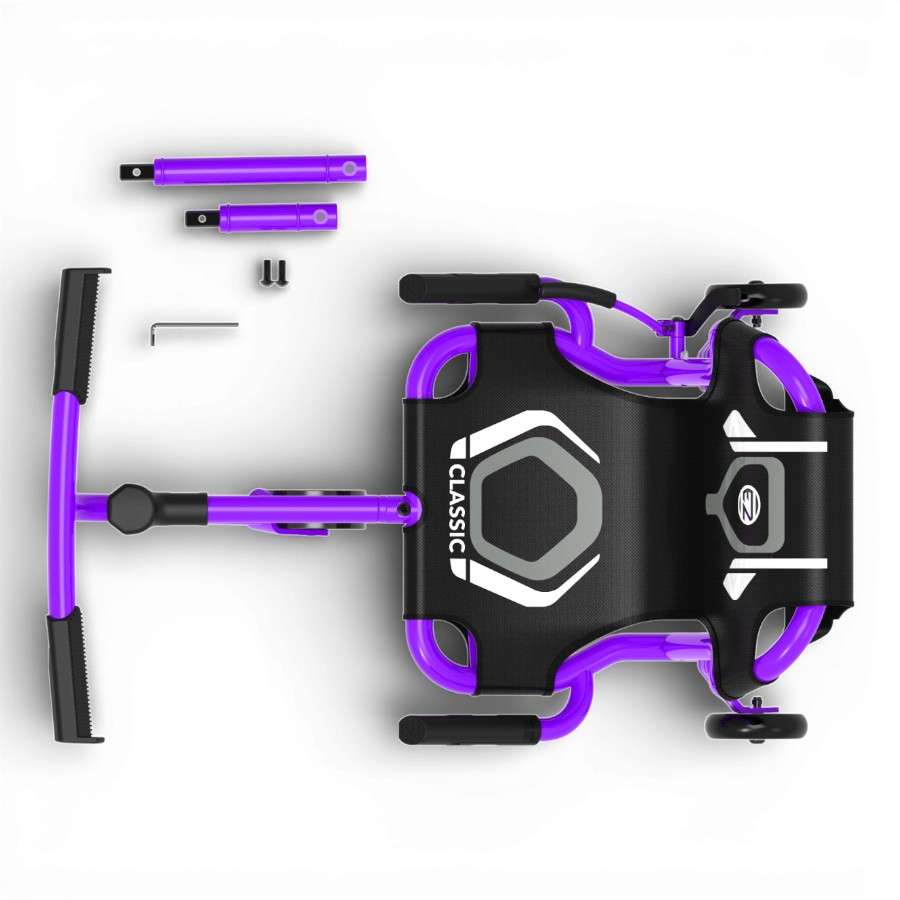 Vue de dessus Ezyroller Classic X purple avec siège renforcé, cadre ajustable et pièces fournies.