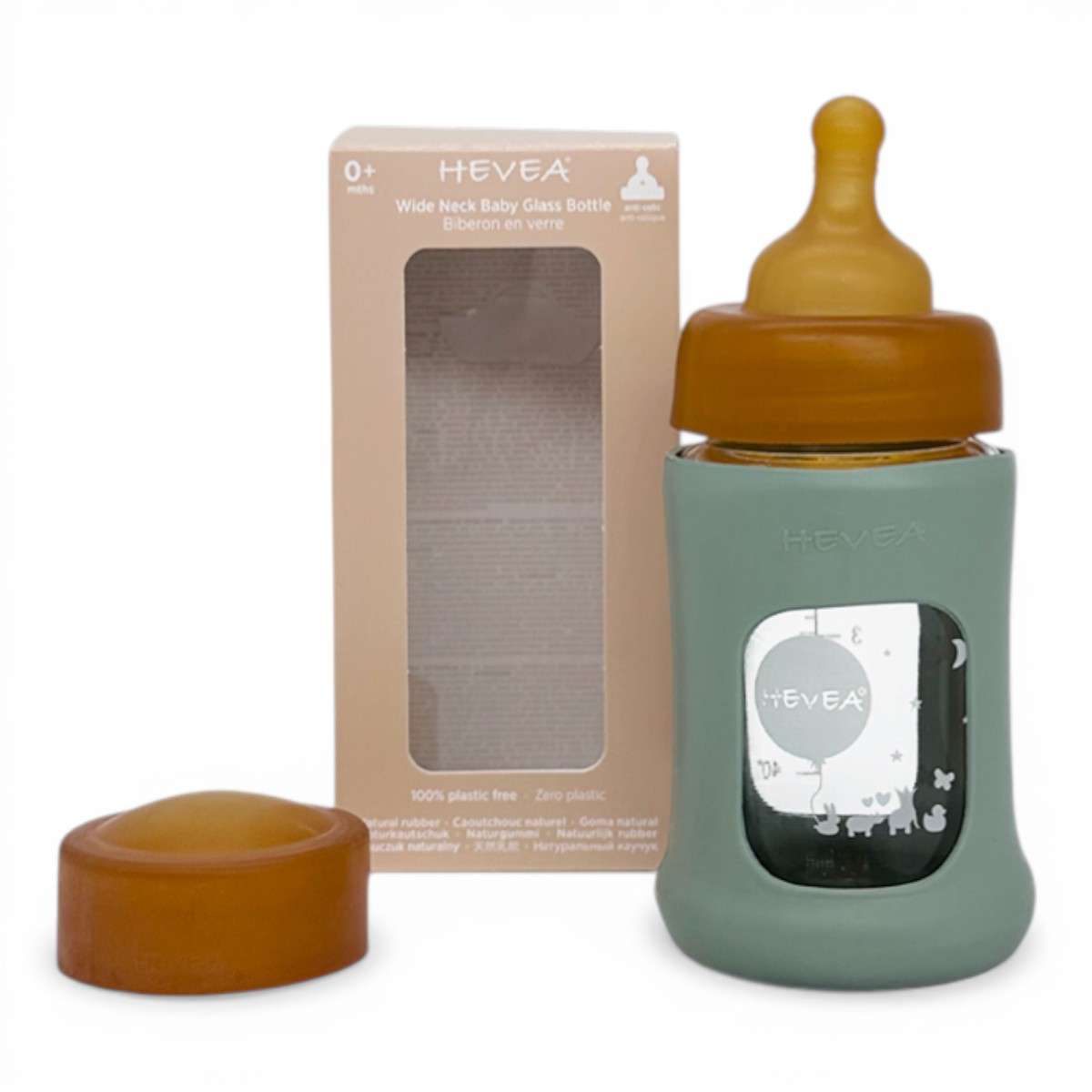 Biberon en verre borosilicaté Hevea 150 ml Seafoam Blue avec tétine, bouchon et manchon en caoutchouc naturel