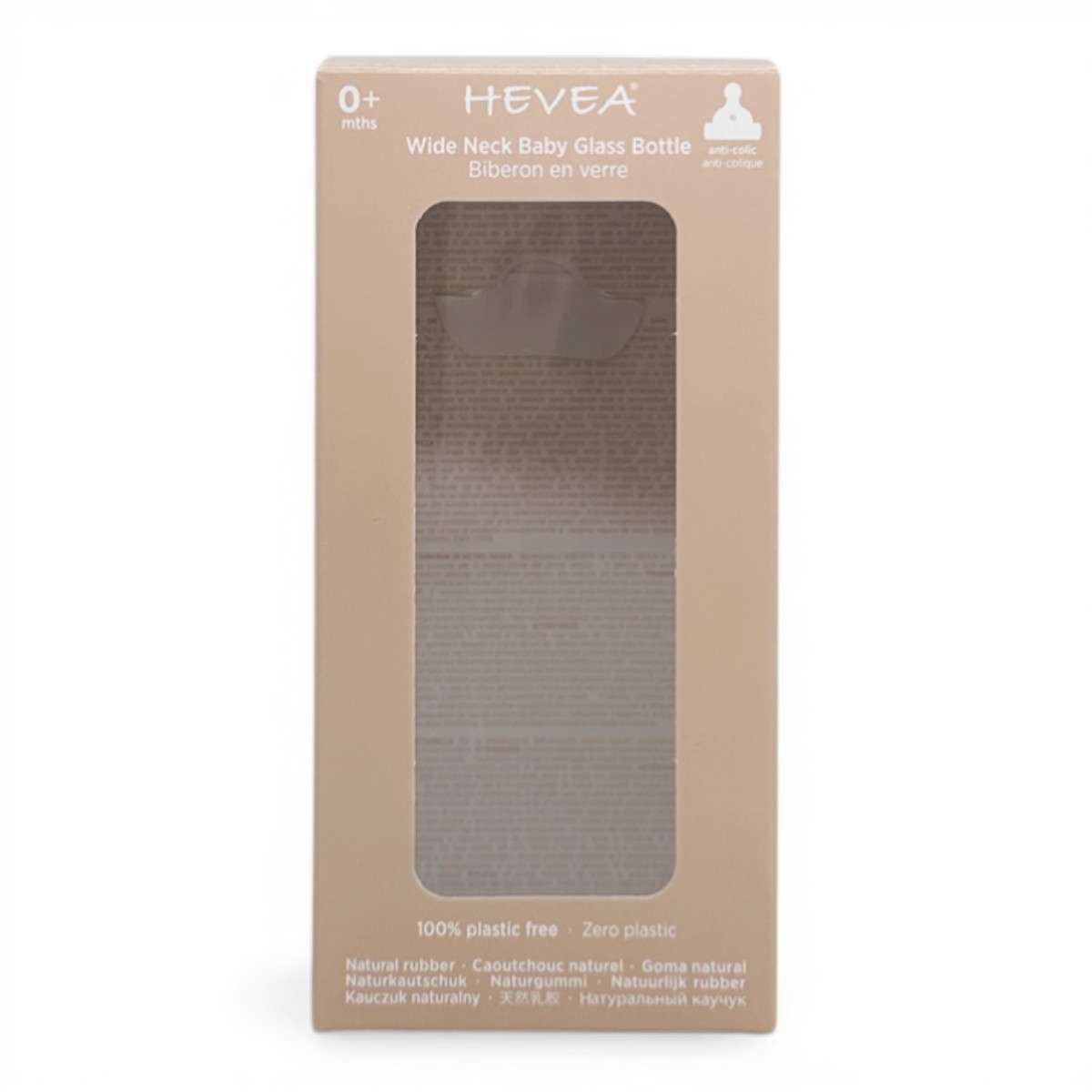 Biberon en verre Hevea Wide Neck 150 ml anti-colique, emballage FSC certifié sans plastique