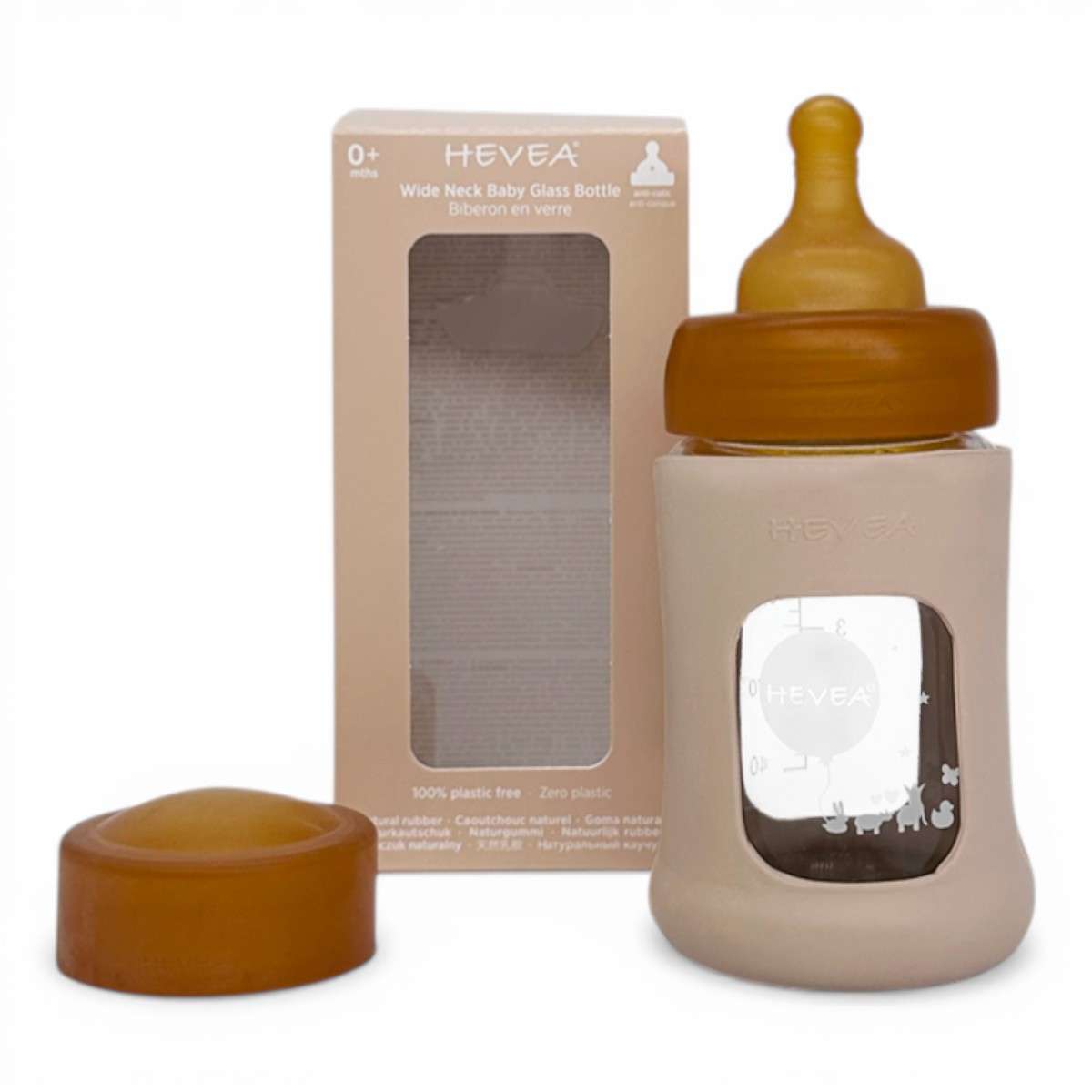 Biberon en verre borosilicaté Hevea 150 ml Sand avec tétine, bouchon et manchon en caoutchouc naturel