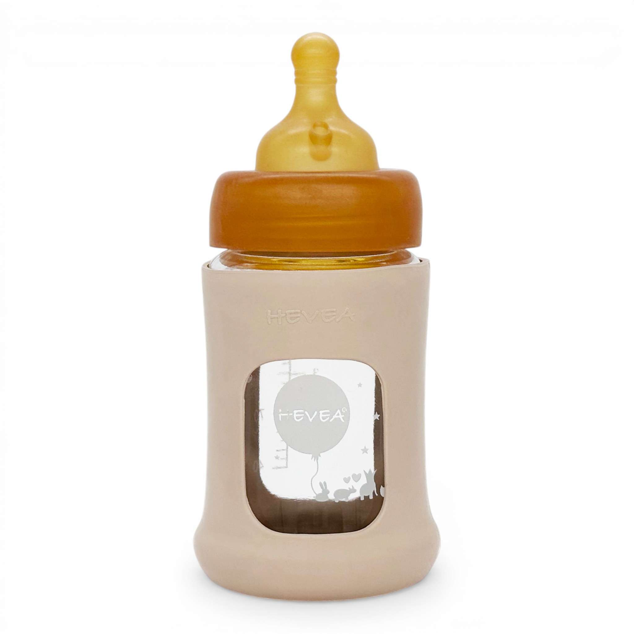 Biberon en verre borosilicaté Hevea col large 150 ml avec manchon caoutchouc naturel Sand
