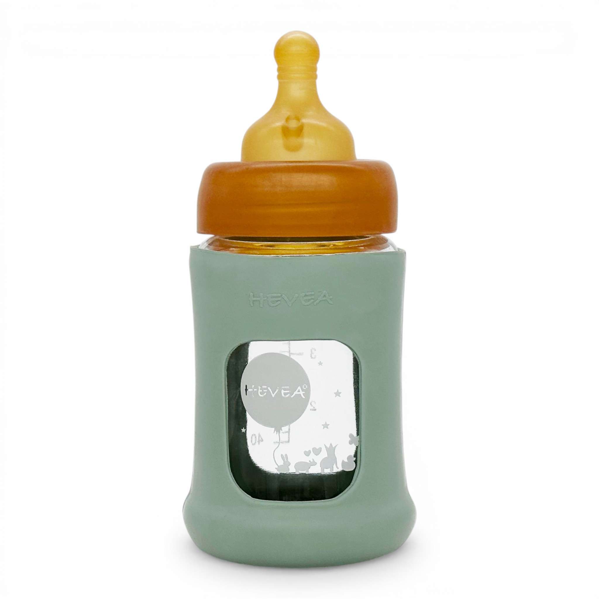 Biberon en verre borosilicaté Hevea col large 150 ml avec manchon caoutchouc naturel Seafoam Blue