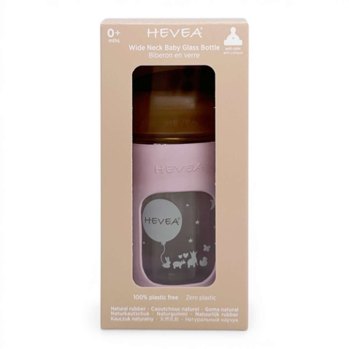 Emballage biberon en verre Hevea Wide Neck 150 ml coloris Powder Pink, certifié 100% sans plastique