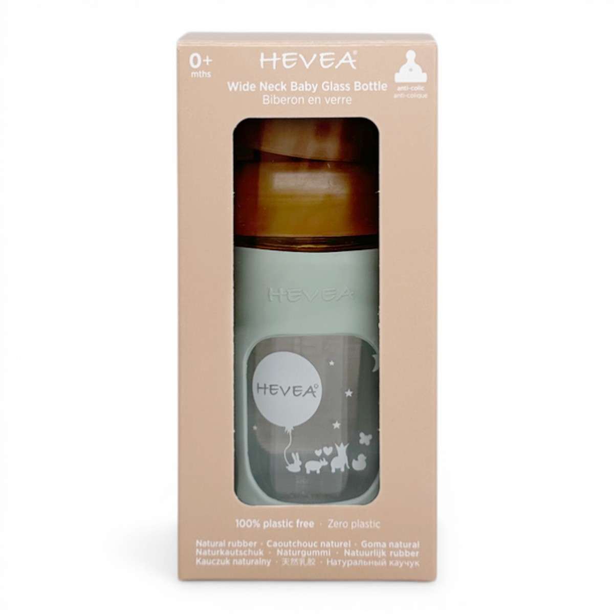 Emballage biberon en verre Hevea Wide Neck 150 ml coloris Seafoam Blue, certifié 100% sans plastique