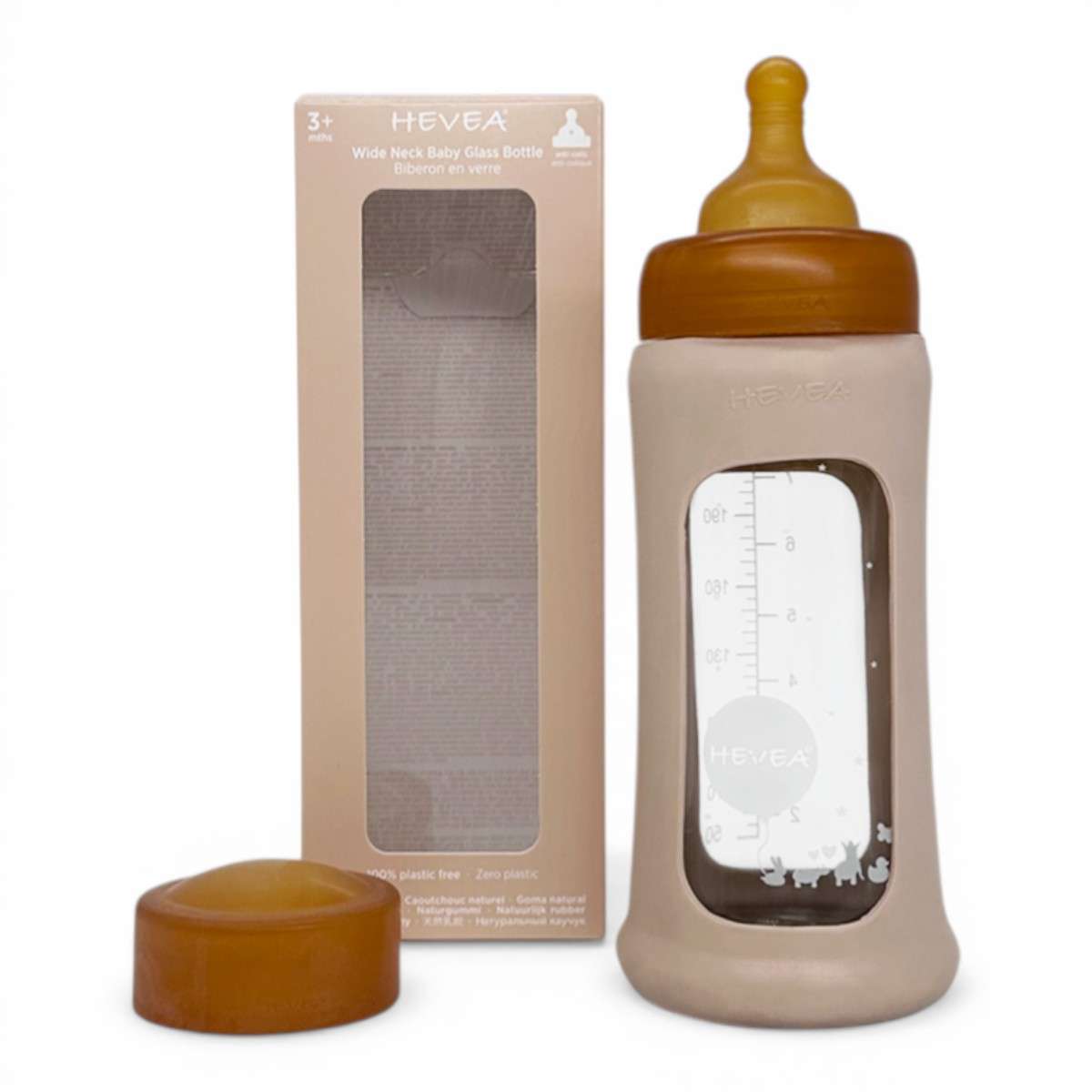 Biberon en verre borosilicaté Hevea 250 ml Sand avec tétine, bouchon et manchon en caoutchouc naturel