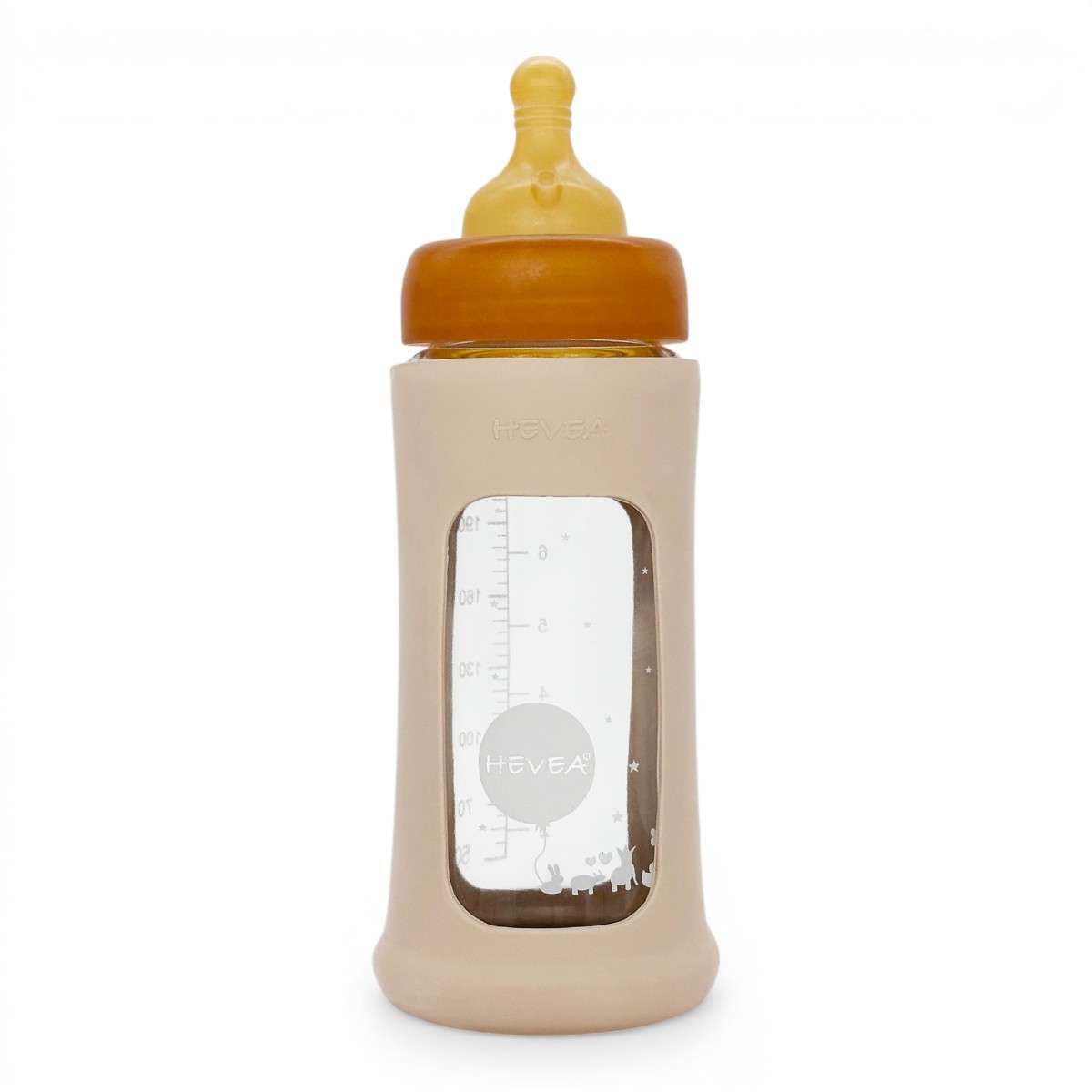 Biberon en verre borosilicaté Hevea col large 250 ml avec manchon caoutchouc naturel Sand