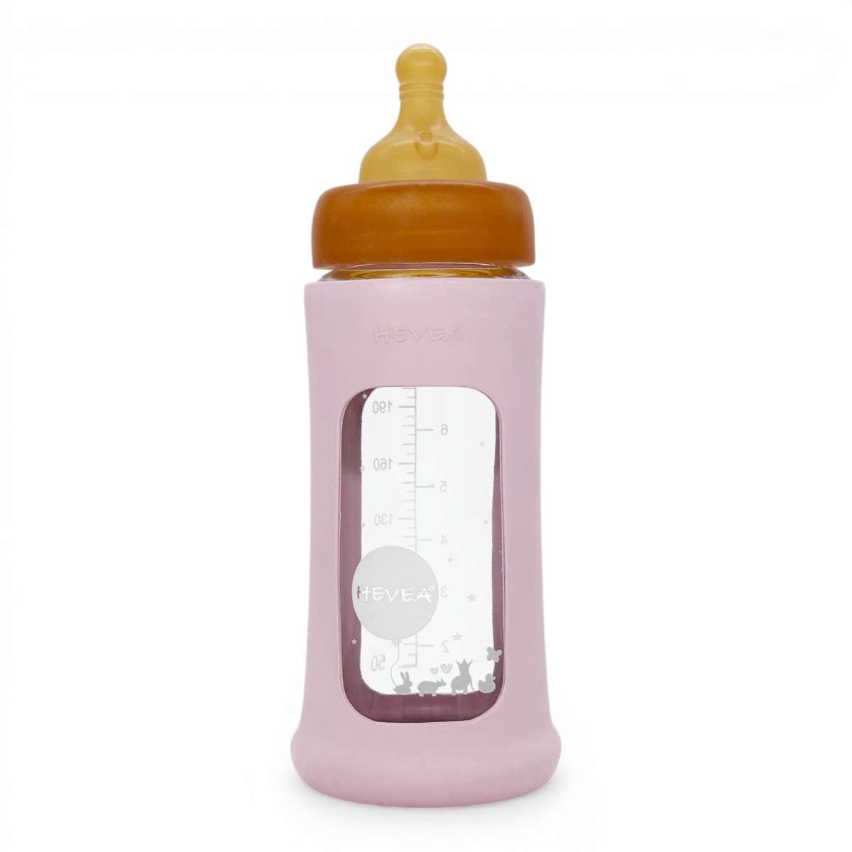 Biberon en verre borosilicaté Hevea col large 250 ml avec manchon caoutchouc naturel Powder Pink