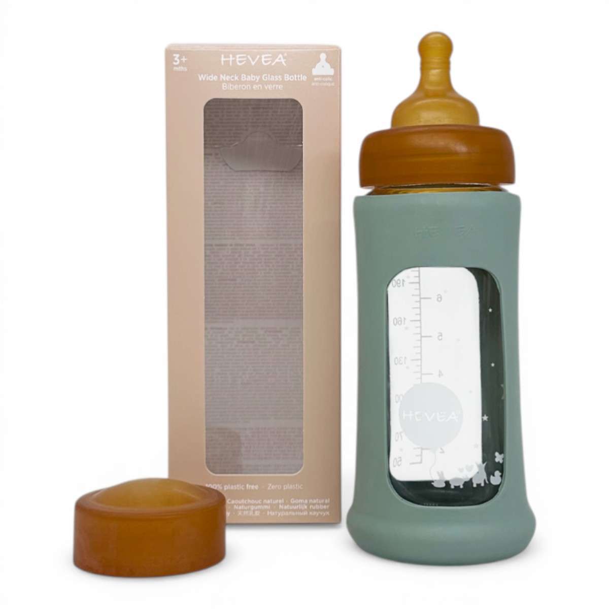 Biberon en verre borosilicaté Hevea 250 ml Seafoam Blue avec tétine, bouchon et manchon en caoutchouc naturel
