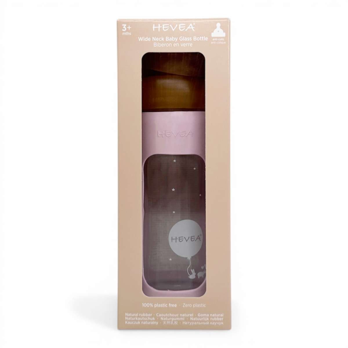 Emballage biberon en verre Hevea Wide Neck 250 ml coloris Powder Pink, certifié 100% sans plastique, dès 3 mois