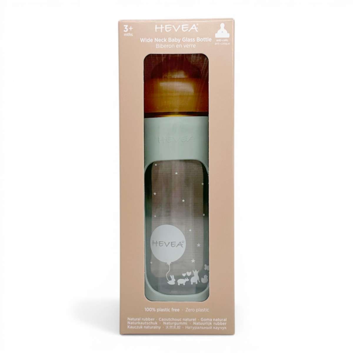 Emballage biberon en verre Hevea Wide Neck 250 ml coloris Seafoam Blue, certifié 100% sans plastique, dès 3 mois