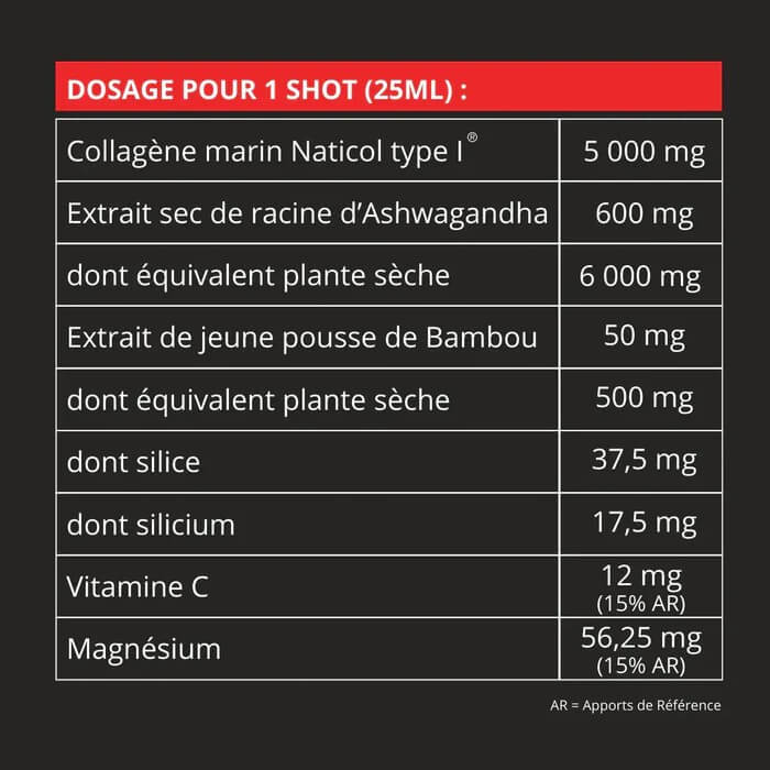 Tableau nutritionnel GSIL Articulation Booster – collagène marin 5000 mg, ashwagandha 600 mg, magnésium et vitamine C