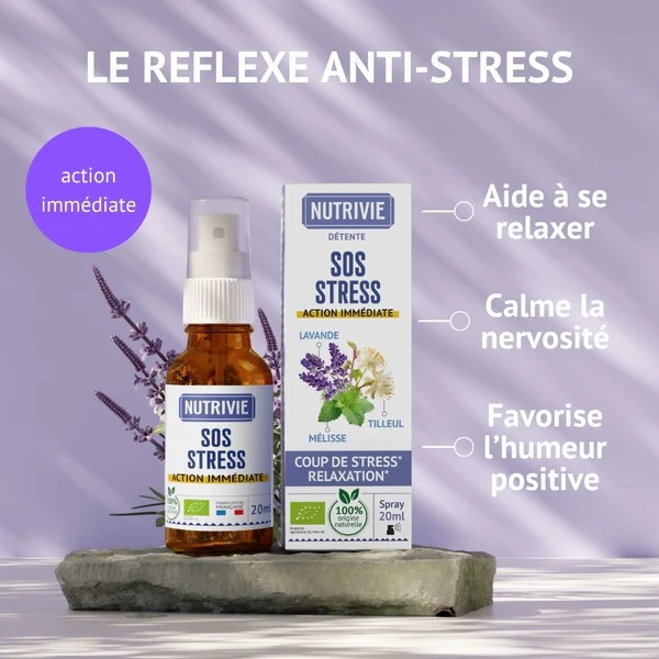 Synergie naturelle du Spray SOS Stress Nutrivie – phytothérapie, gemmothérapie et aromathérapie
