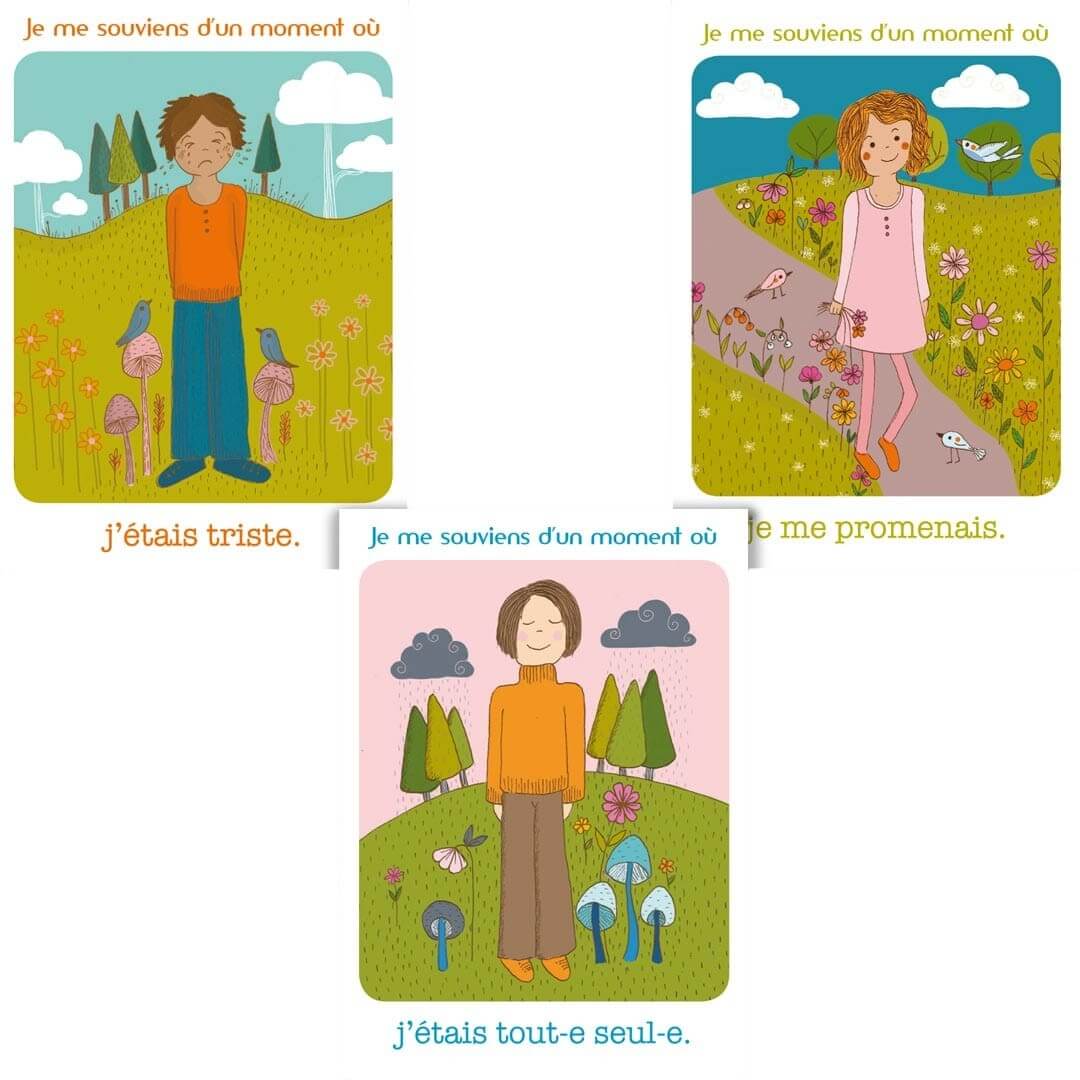 Cartes du jeu Instants Magiques invitant à raconter des moments heureux, tristes ou marquants