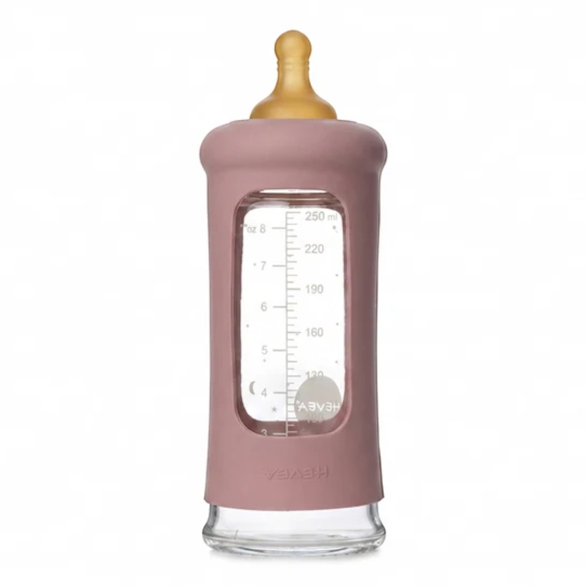 Biberon en verre borosilicaté Hevea 250 ml RoseWood avec tétine, bouchon et manchon en caoutchouc naturel