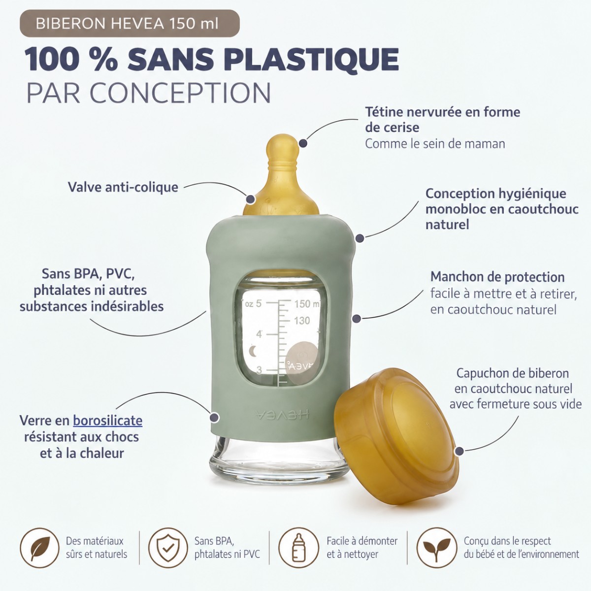 Biberon Hevea 150 ml en verre