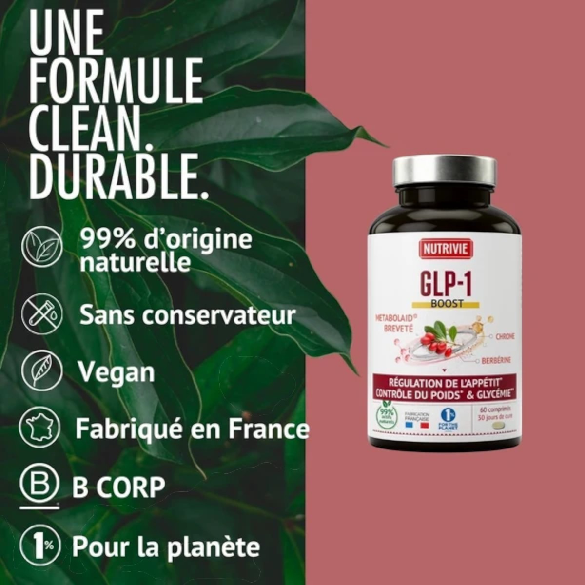 Formule clean GLP-1 Boost Nutrivie  vegan, sans conservateur, fabriqué en France, marque B Corp