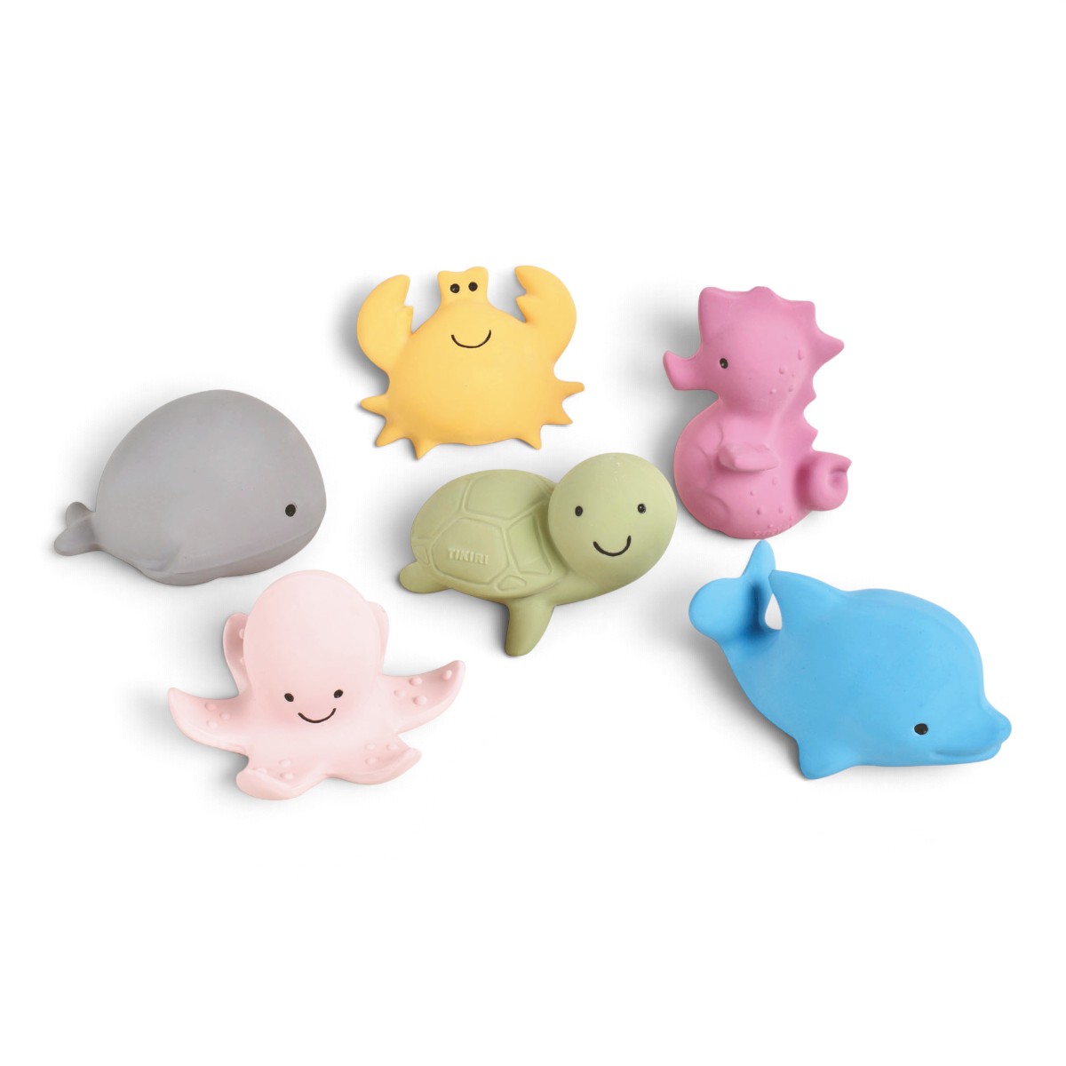 Six jouets de bain Tikiri Mon premier animal marin en caoutchouc naturel  baleine, crabe, hippocampe, tortue, poulpe, dauphin