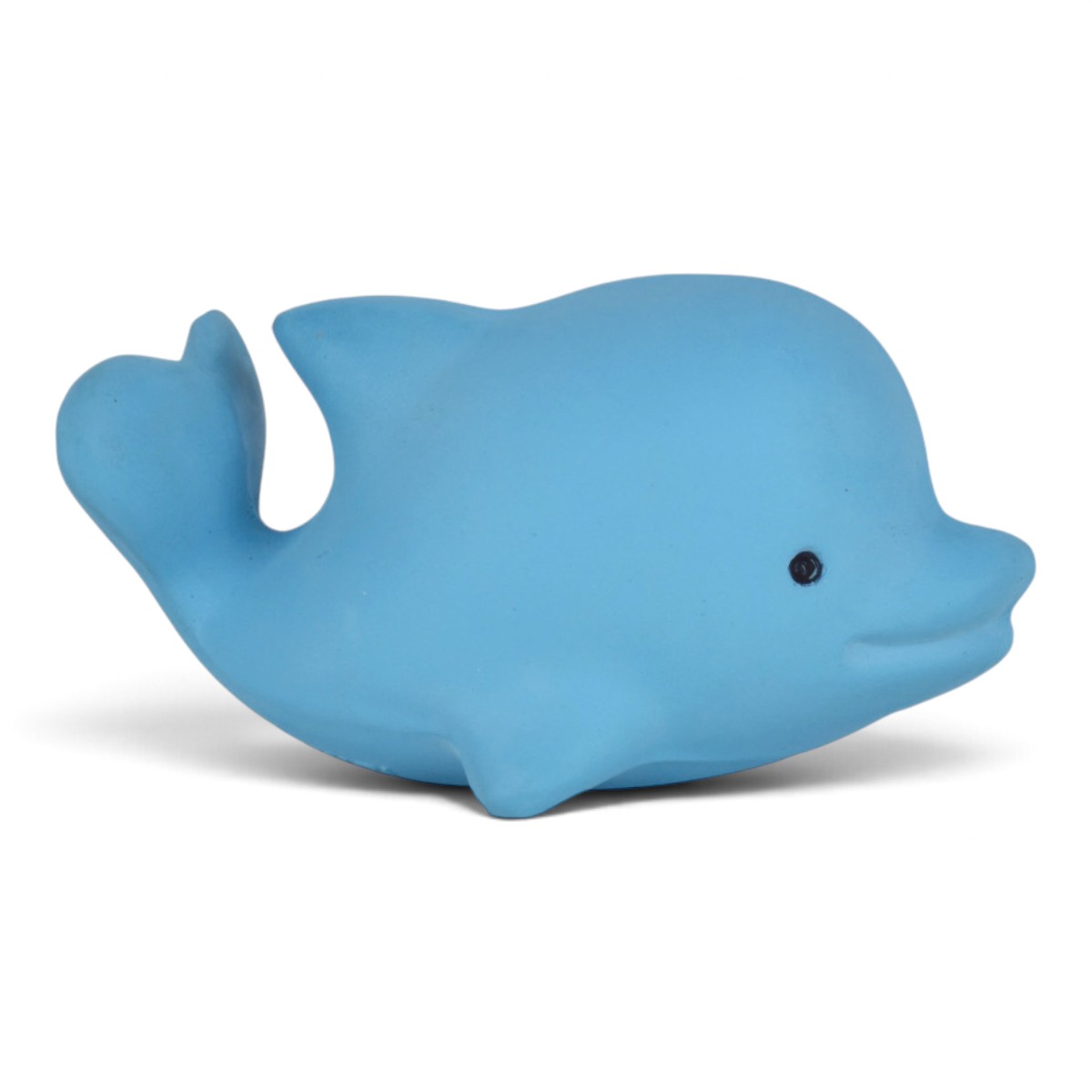 Jouet de bain dauphin Tikiri en caoutchouc naturel bleu, vue de profil droit