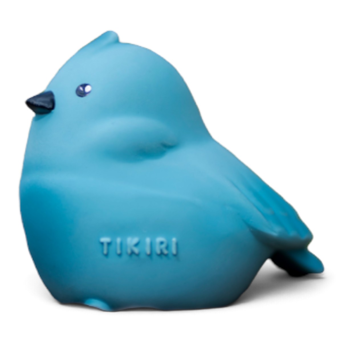 Oiseau bleu Tikiri en caoutchouc naturel, logo Tikiri gravé sur le ventre
