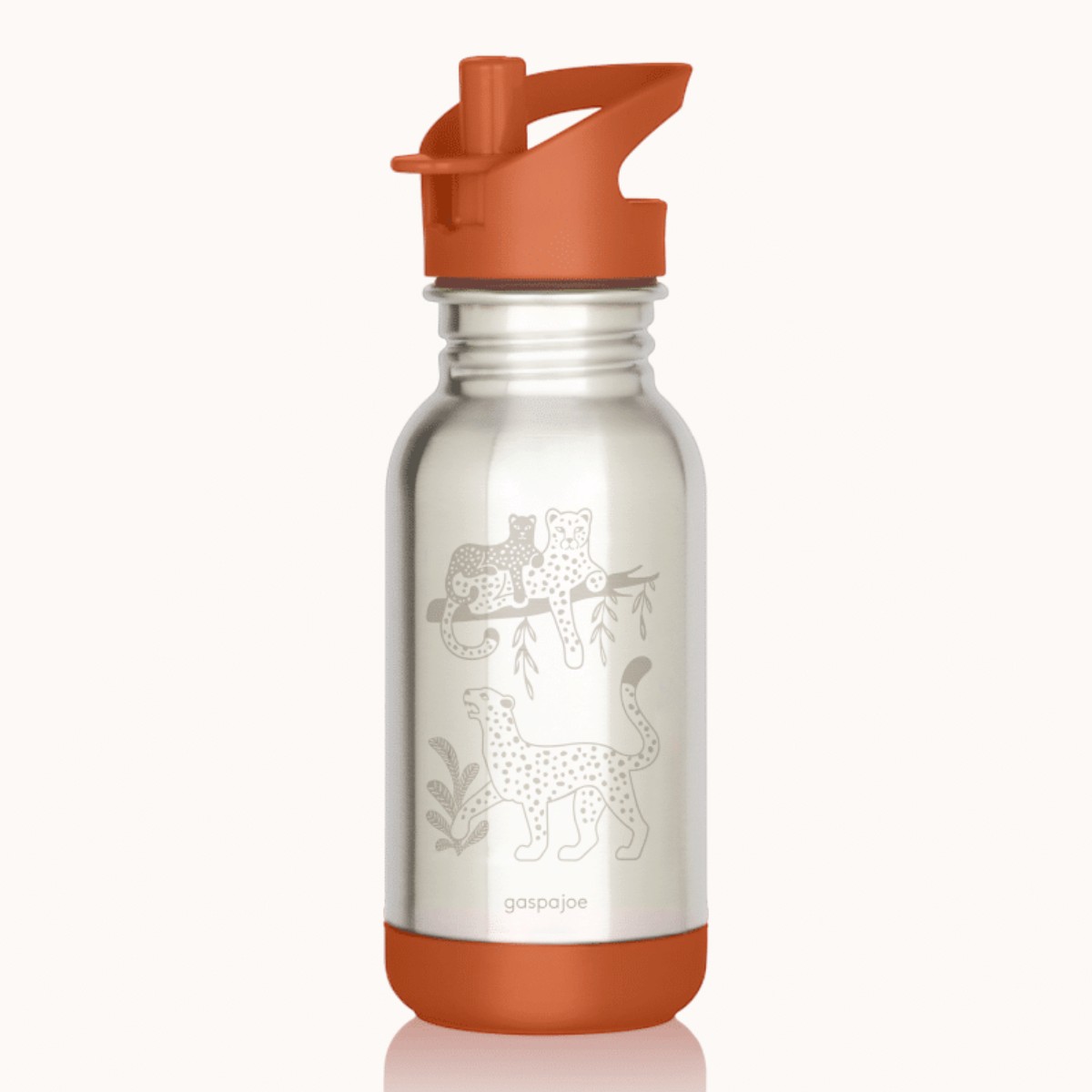 Gourde inox enfant Loopy Gaspajoe 400 ml motif léopards, bouchon sport et base orange