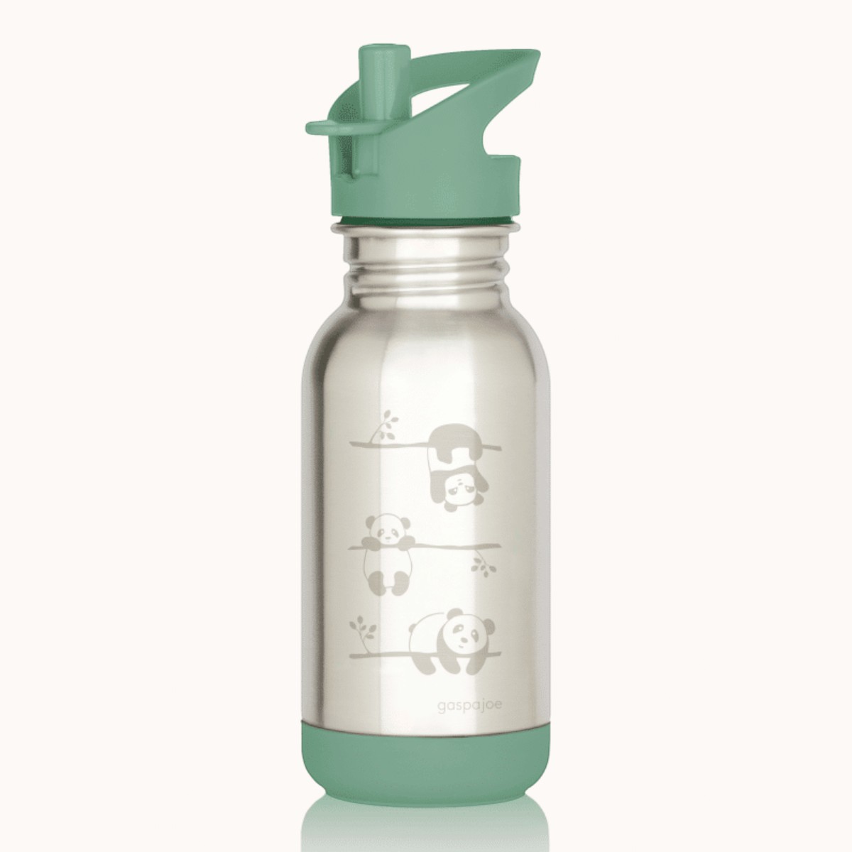 Gourde inox enfant Loopy Gaspajoe 400 ml motif pandas, bouchon sport et base vert d’eau
