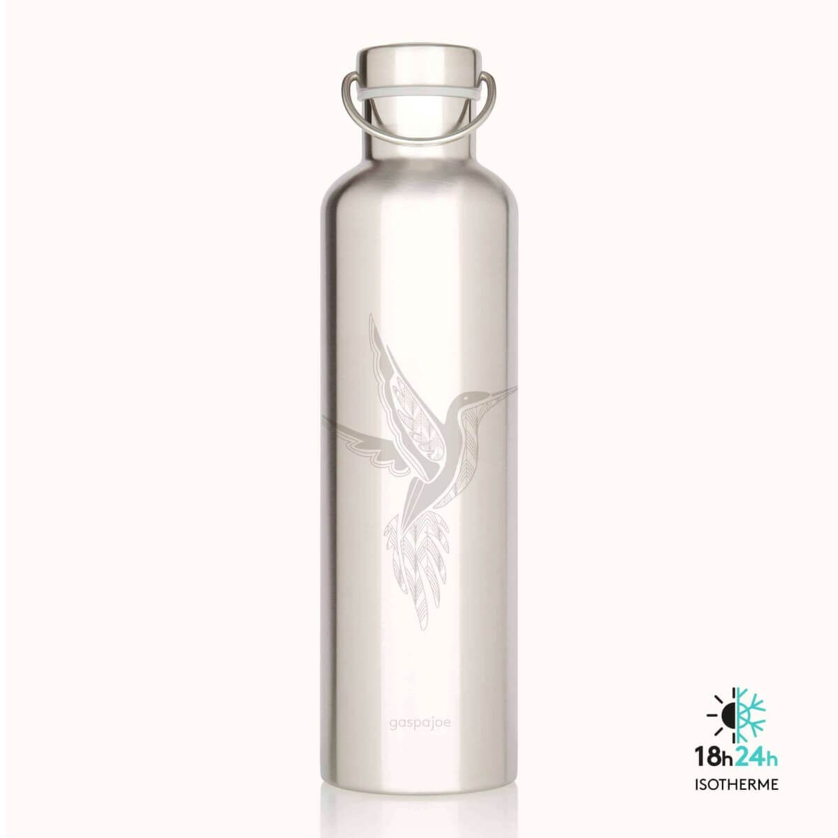 Gourde isotherme inox Groovy Gaspajoe motif colibri, bouchon et anse inox