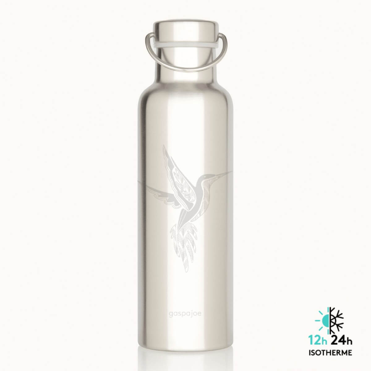 Gourde isotherme inox Groovy Gaspajoe motif colibri, bouchon et anse inox