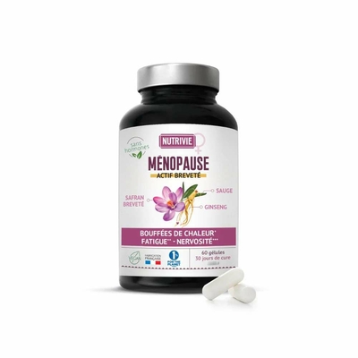 Flacon du complément alimentaire Ménopause Nutrivie, gélules naturelles à base de safran, sauge et ginseng pour bouffées de chaleur, fatigue et nervosité