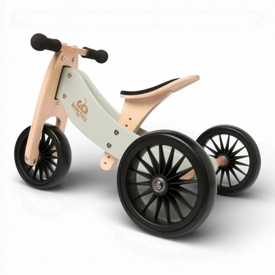 Kinderfeets Tiny Tot Plus Silver Sage transformé en draisienne deux roues  selle réglable, cadre bois vert sauge, roues larges noires