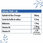 Composition Mélatonine+  hydrolat de fleur d’oranger, mélisse, mélatonine, vitamines B6 et B1, formule sommeil naturel.