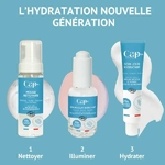 Rituel complet Cap Hydra en 3 étapes  nettoyer avec la mousse, illuminer avec le sérum éclat, hydrater avec la crème de jour bio