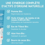 Les actifs stars du soin jour hydratant bio  pomme bio, huiles d’argan, jojoba et noyau d’abricot, eau de tilleul, aloe vera, beurre de cacao