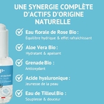 Ingrédients actifs du sérum éclat hydratant Cap Hydra  eau de rose bio, aloe vera bio, grenade bio, acide hyaluronique, eau de tilleul bio