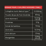 Tableau nutritionnel du collagène marin GSIL  10 g collagène Naticol®, vitamine C issue d’acérola, silicium, manganèse, protéines, extrait de bambou