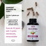 Conseils d’utilisation  3 gélules par jour, 3 jours avant et 4 à 5 jours pendant les règles, cure de 45 jours.