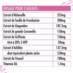Tableau des dosages pour 3 gélules  Alchémille, Framboisier, Gingembre, Camomille, Griffonia, Achillée, Fenouil, vitamine B6