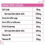 Tableau de composition du complément Ménopause Nutrivie  Safr’Inside 30 mg, trèfle rouge 200 mg, ginseng 60 mg, vitamines B6 et B9 pour 2 gélules