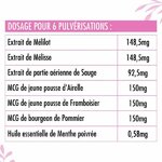 Tableau nutritionnel du spray SOS Ménopause Nutrivie indiquant la teneur en extraits de sauge, mélilot, mélisse, airelle, framboisier et menthe poivrée