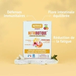 Boîte de Nutribiotique Immunité Nutrivie illustrant les bienfaits  défenses immunitaires renforcées, flore intestinale équilibrée et réduction de la fatigue.