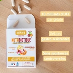 Boîte ouverte de Nutribiotique Immunité Nutrivie avec gélules, mise en avant des avantages  10 milliards d’UFC, gélules gastro-résistantes et formule sans substances controv