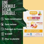 Infographie Nutribiotique Immunité Nutrivie présentant la synergie 3-en-1  probiotiques, vitamines C et D, et extrait d’échinacée pour soutenir les défenses naturelles