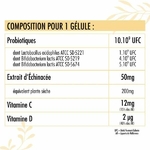 Tableau nutritionnel Nutribiotique Immunité détaillant les apports en probiotiques, échinacée, vitamine C et vitamine D par gélule