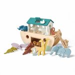 Arche de Noé en bois Tender Leaf avec les animaux disposés autour et à l’intérieur de l’arche.