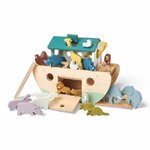 Arche de Noé en bois ouverte, animaux par paires positionnés tout autour et personnages de Noé visibles.